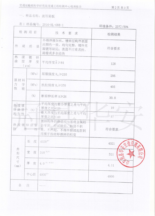 鍍鋅波形護欄檢測報告